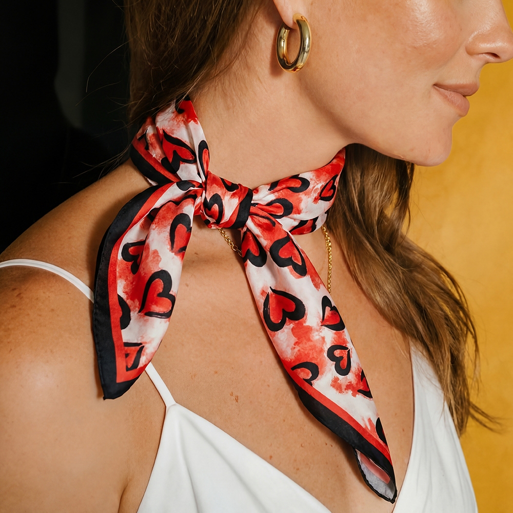 Black And Red Heart Print Square Bandana Scarf