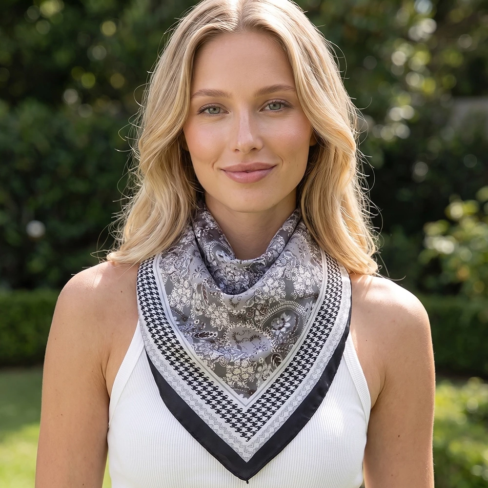 Paisley Houndstooth Satin Square Bandana Scarf