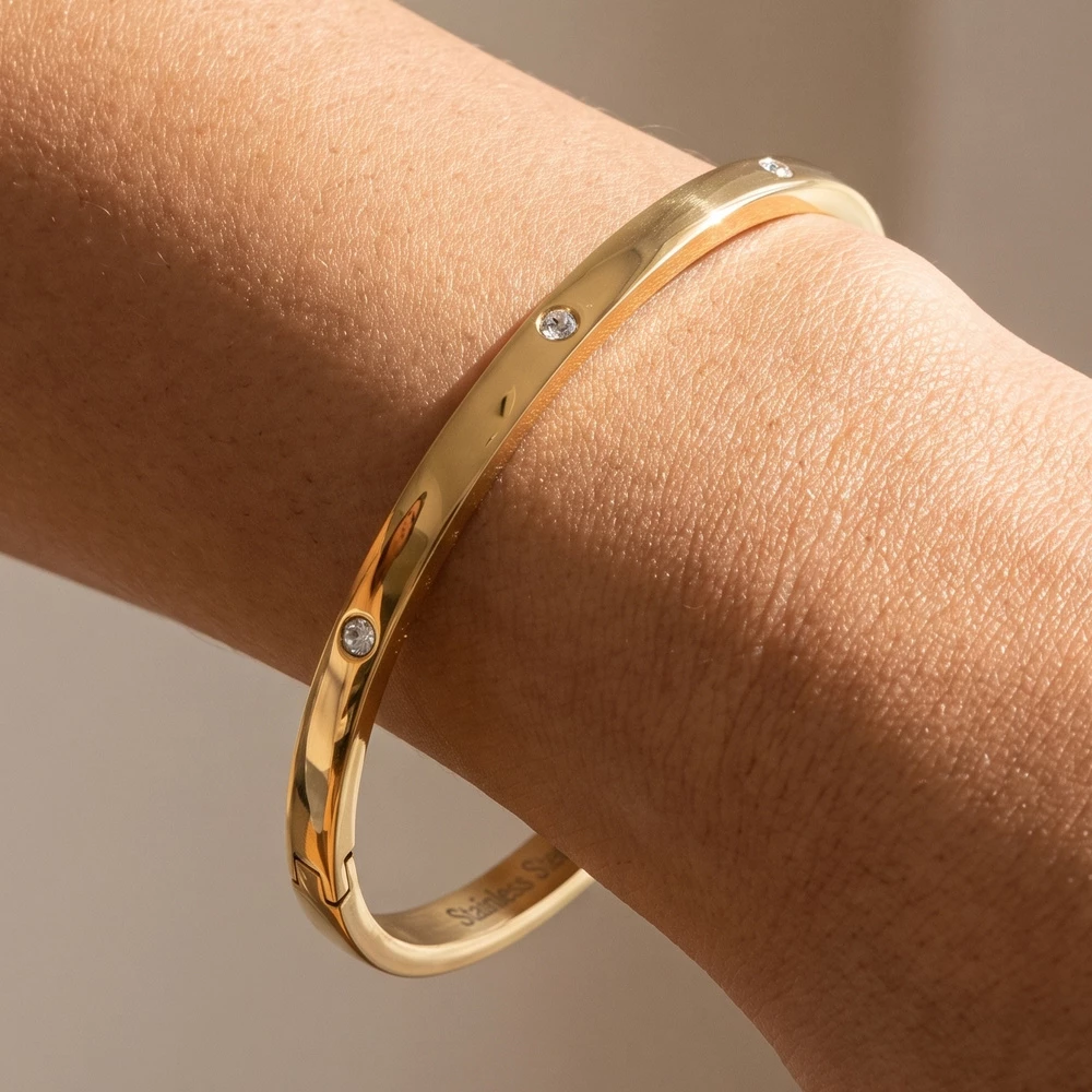 Stainless Steel Flush Set Cz Hinged Bangle Bracelet