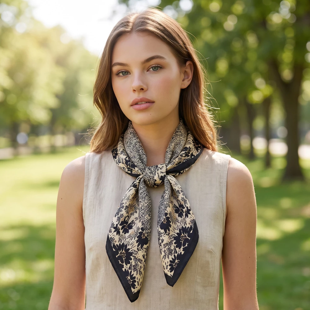 Floral Border Speckled Panel Square Scarf