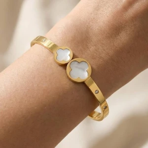 Stainless Steel Pearl Clover Ends Hinge Bangle Bracelet