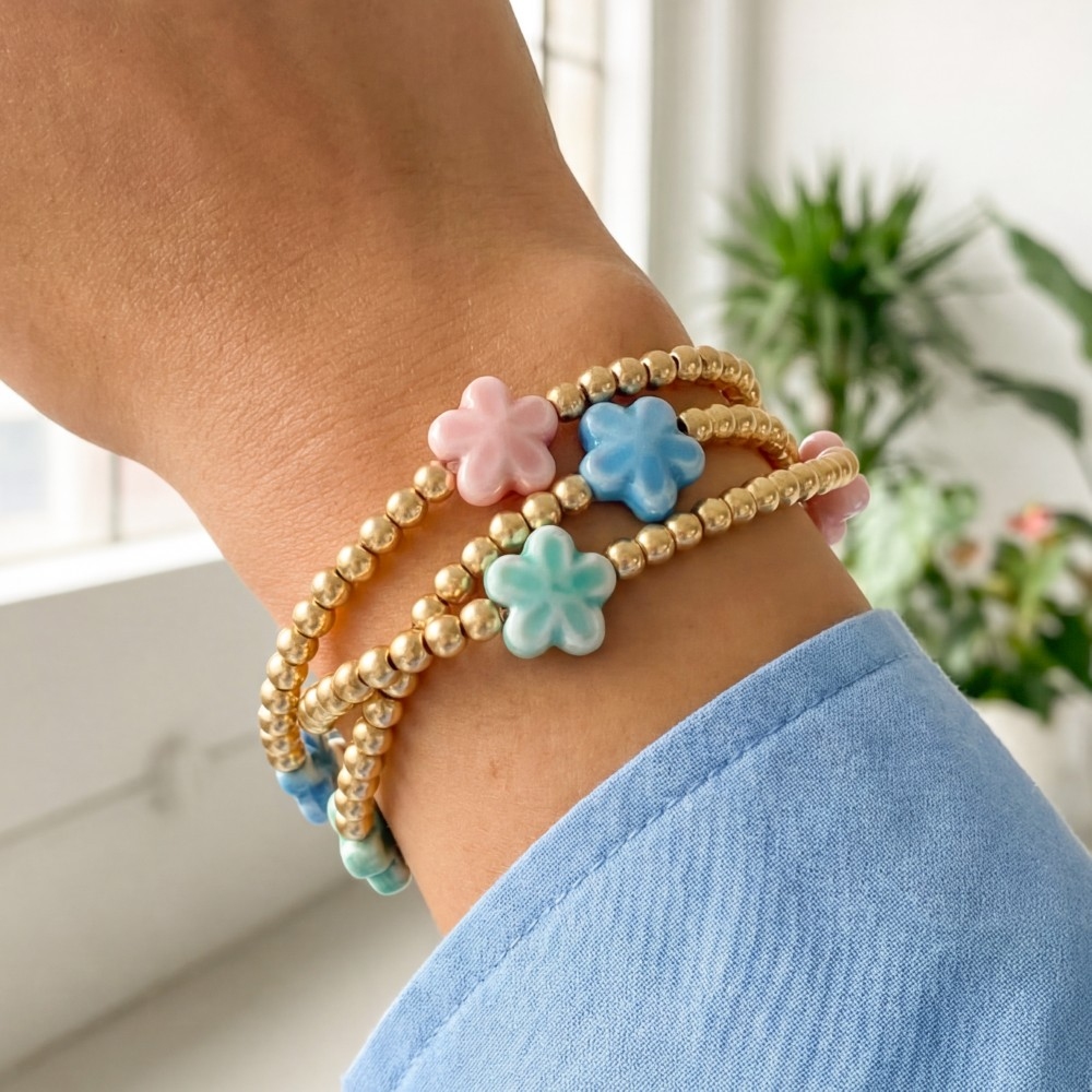 Three Piece Resin Flower Beaded Bracelet Set