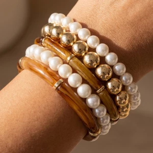 Pearl And Bamboo Bead Stretch Bracelet Set