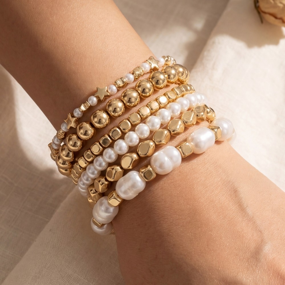 Metallic And Pearl Beaded Elastic Bracelet Set
