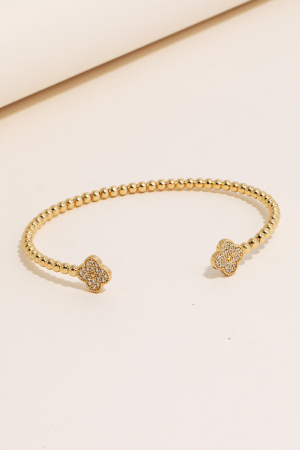 Double Cz Pave Clovers Solid Ball Bead Cuff Bracelet