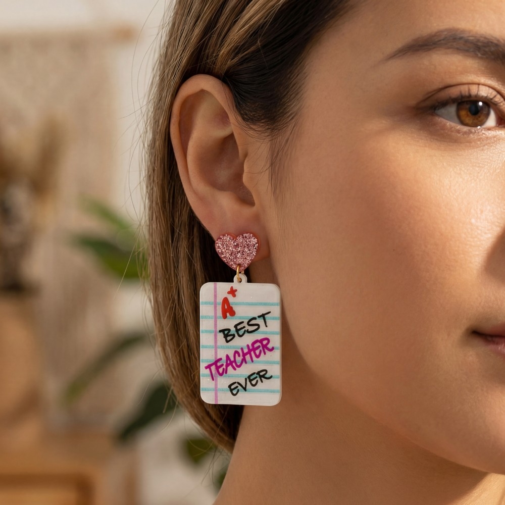 Best Teacher Ever Paper Heart Stud Dangle Earrings