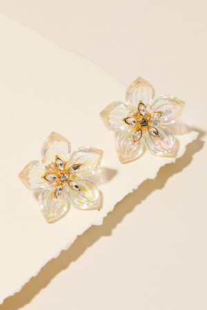 Clear Iridescent Rhinestone Flower Stud Earrings