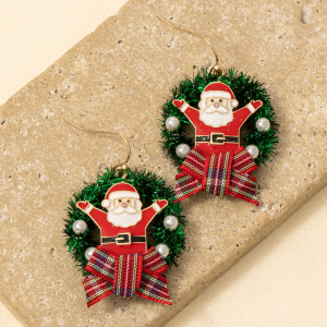 Enamel Santa Claus Wreath Christmas Holiday Dangle Earrings