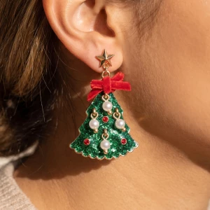 Glitter Christmas Tree Pearl Drop Earrings