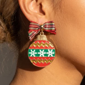 Plaid Bow Christmas Snowflake Ornament Holiday Earrings