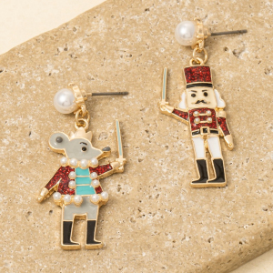 Pearl Stud Glitter Resin Nutcracker Christmas Holiday Dangle Earrings