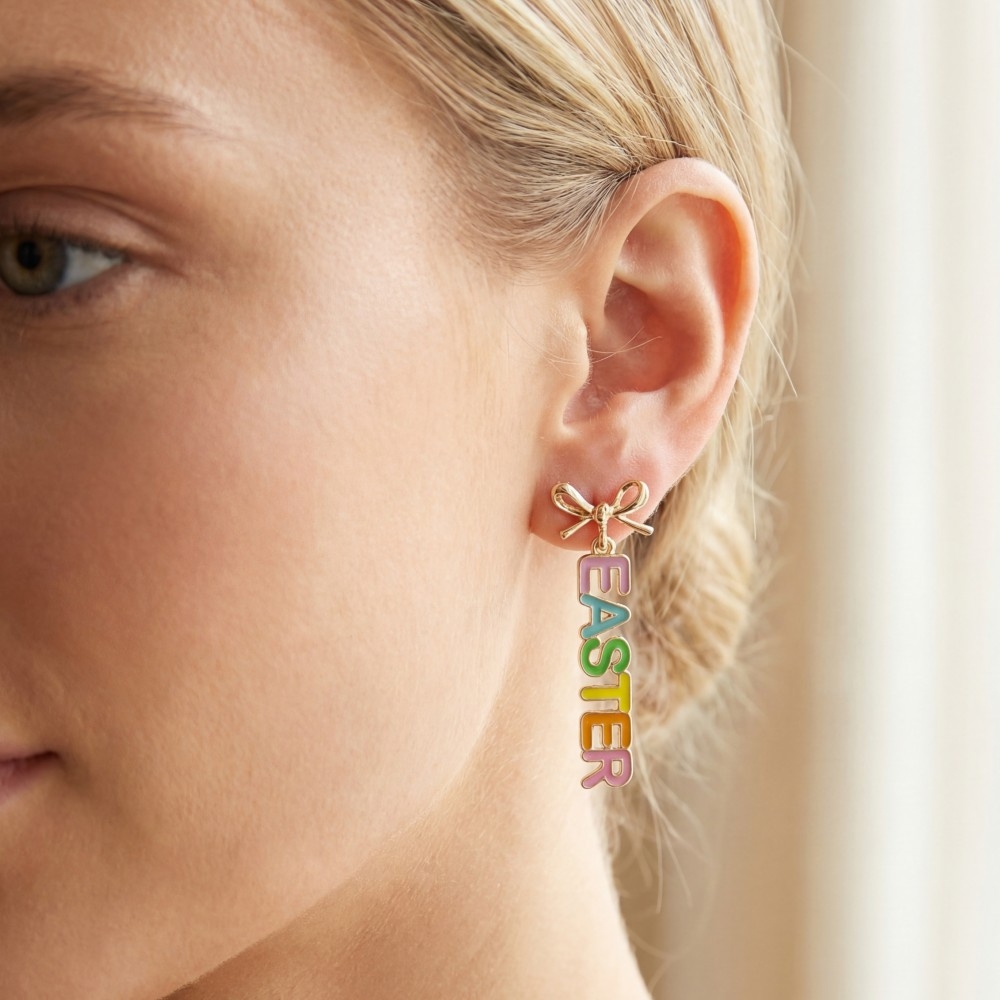 Enamel Happy Easter Bow Stud Dangle Earrings