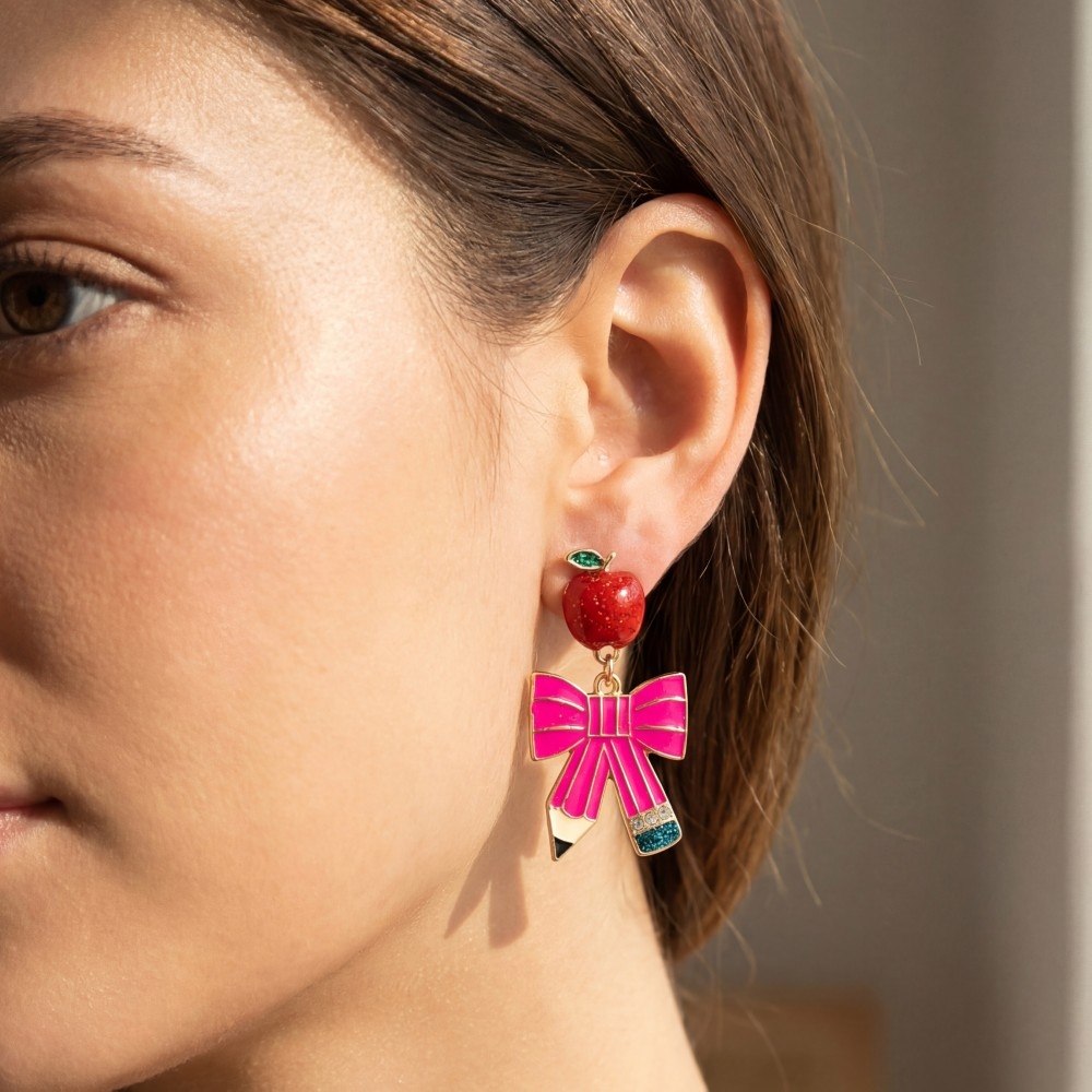 Enamel Pencil Bow And Apple Stud Dangle Earrings