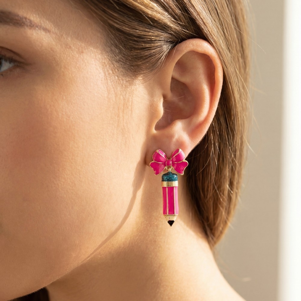 Enamel Pencil And Bow Stud Dangle Earrings