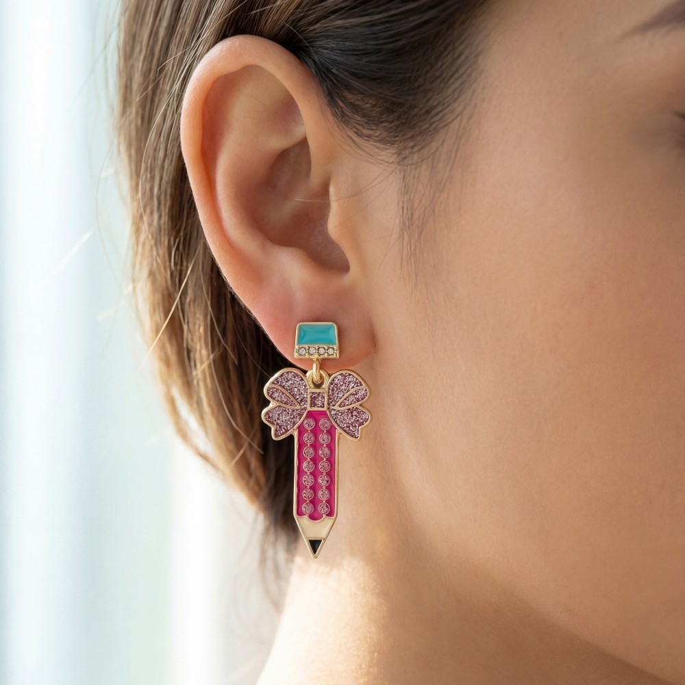 Pave And Enamel Pencil Bow Stud Dangle Earrings