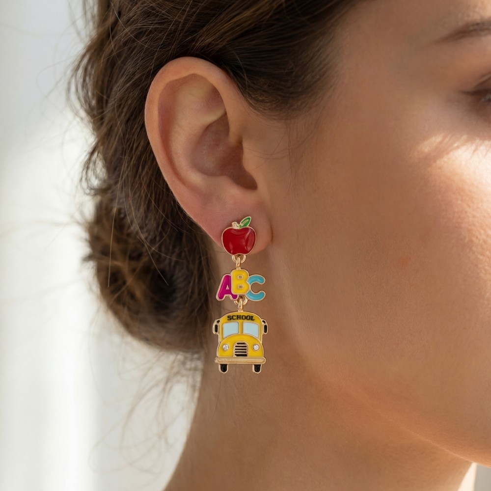 Enamel Apple Abc Bus Dangle Earrings