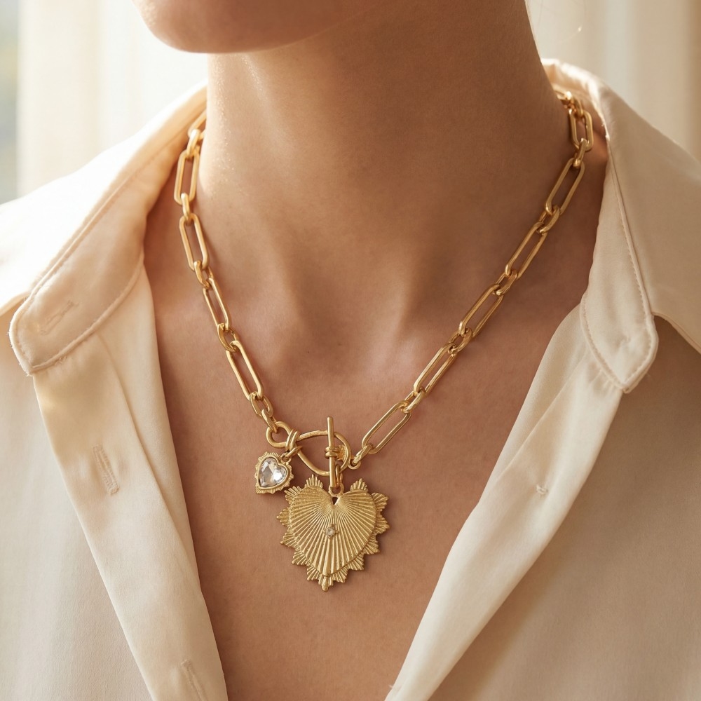 Double Heart Pendants Oval Chain Necklace