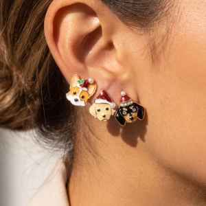 Christmas Santa Hat Puppy Dog Stud Earrings Set