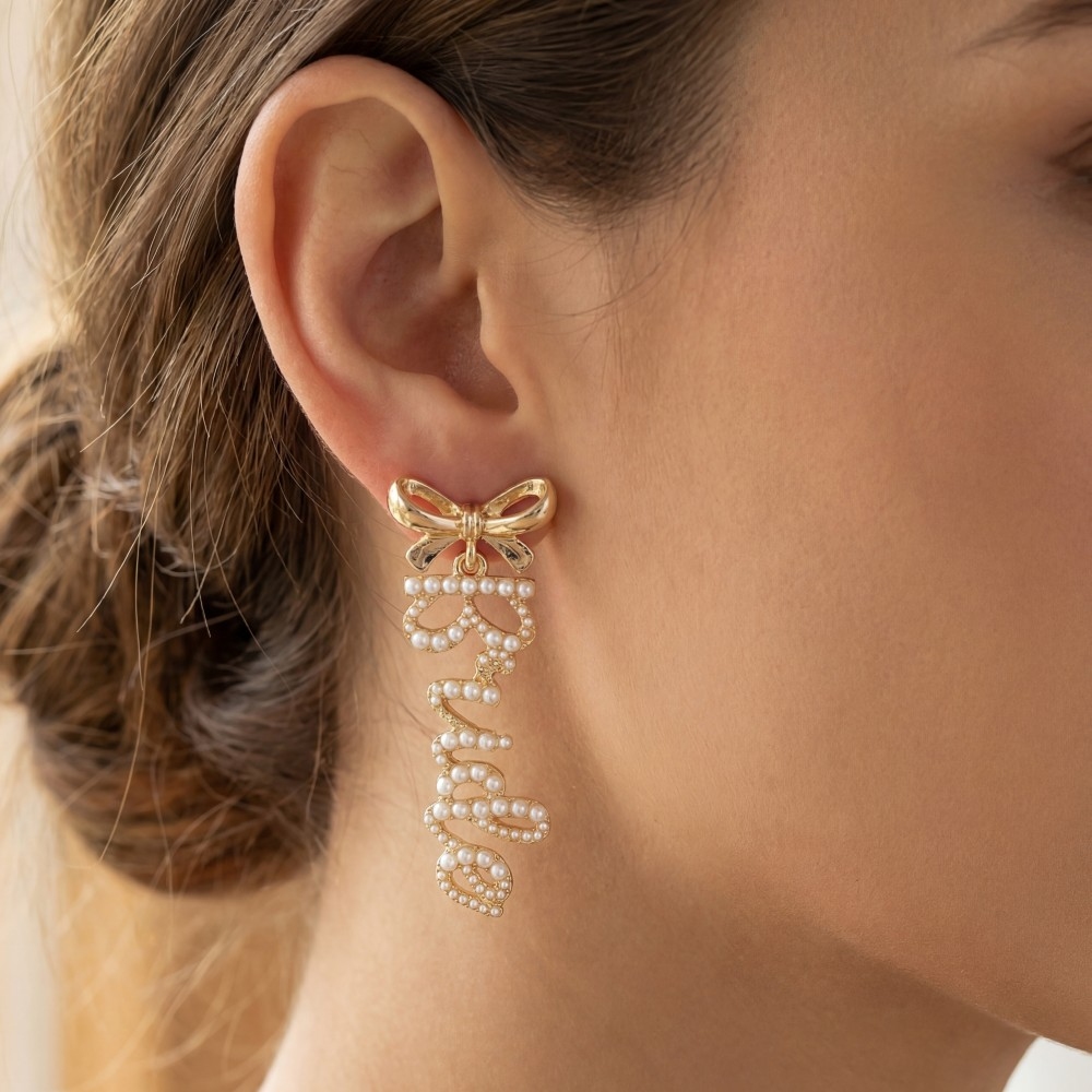 Pearl Pave Bride And Bow Stud Dangle Earrings