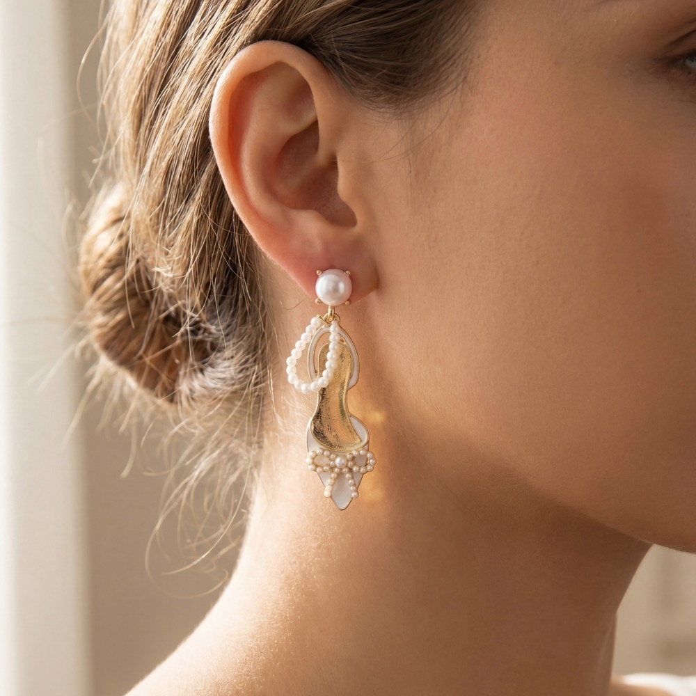 Enamel Kitten Heels Bow And Pearls Stud Dangle Earrings