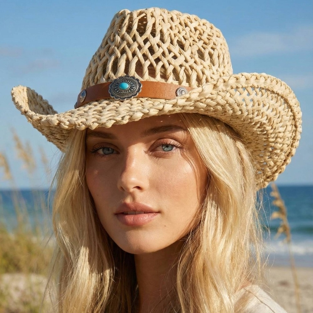 Straw Weave Concho Strap Cowboy Hat
