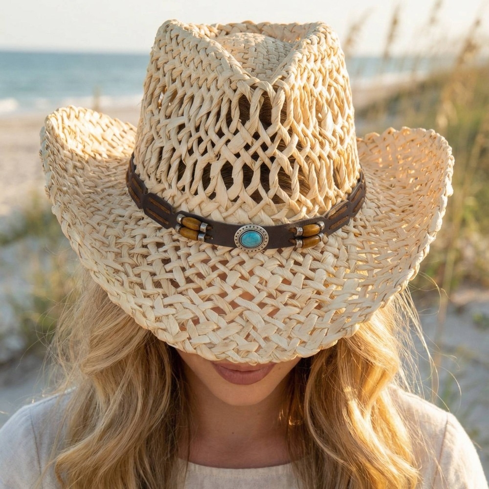 Basket Weave Western Concho Strap Cowboy Hat