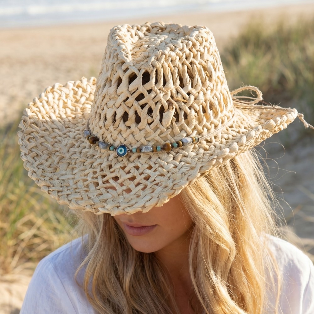 Basket Weave Western Evil Eye Strap Cowboy Hat