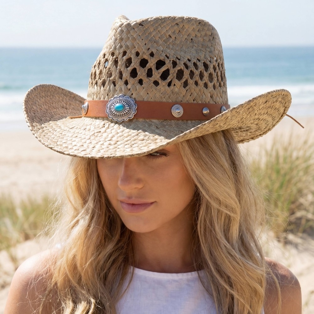 Straw Basket Concho Strap Western Cowboy Hat