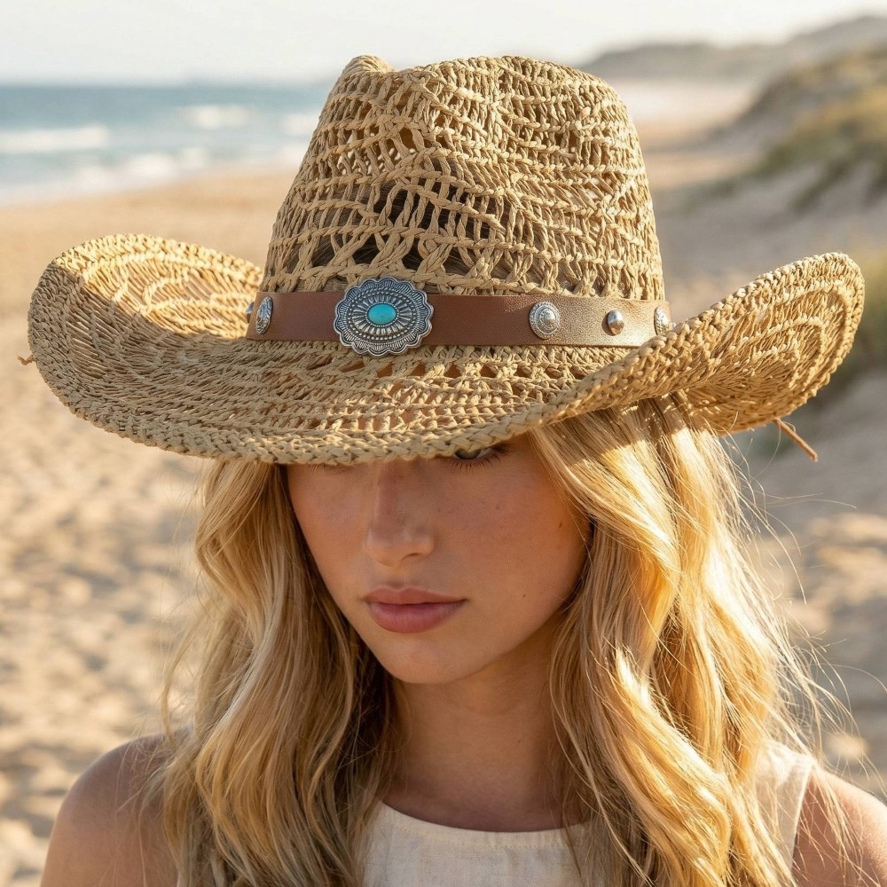 Straw Braided Concho Band Western Cowboy Hat