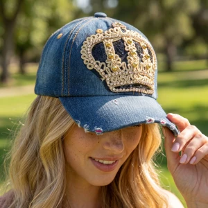 Sequin Crown Rhinestone Distressed Denim Baseball Cap