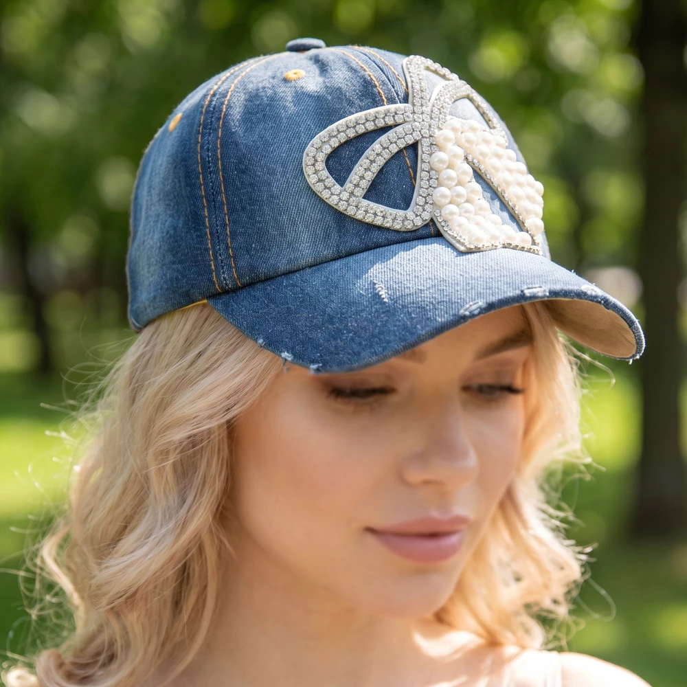 Pearl Rhinestone Bow Distressed Denim Baseball Cap