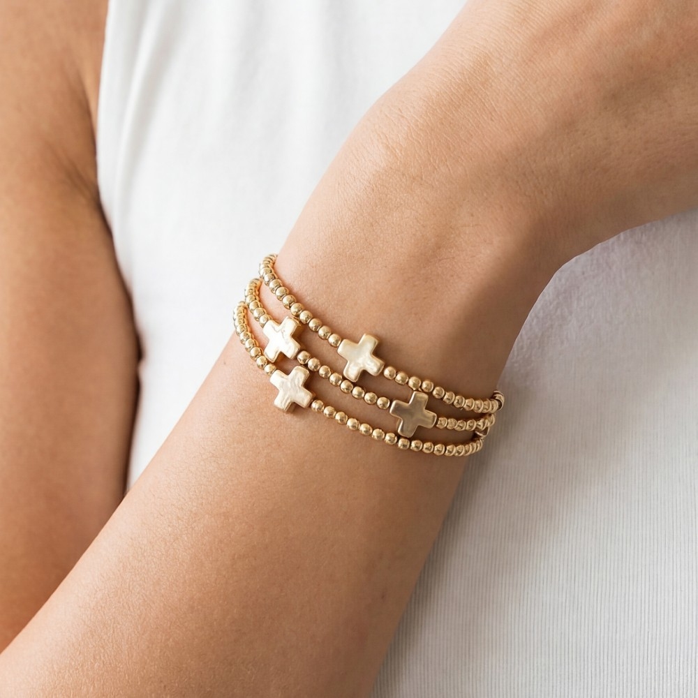 Mini Cross Charms And Metallic Beads Bracelet Set