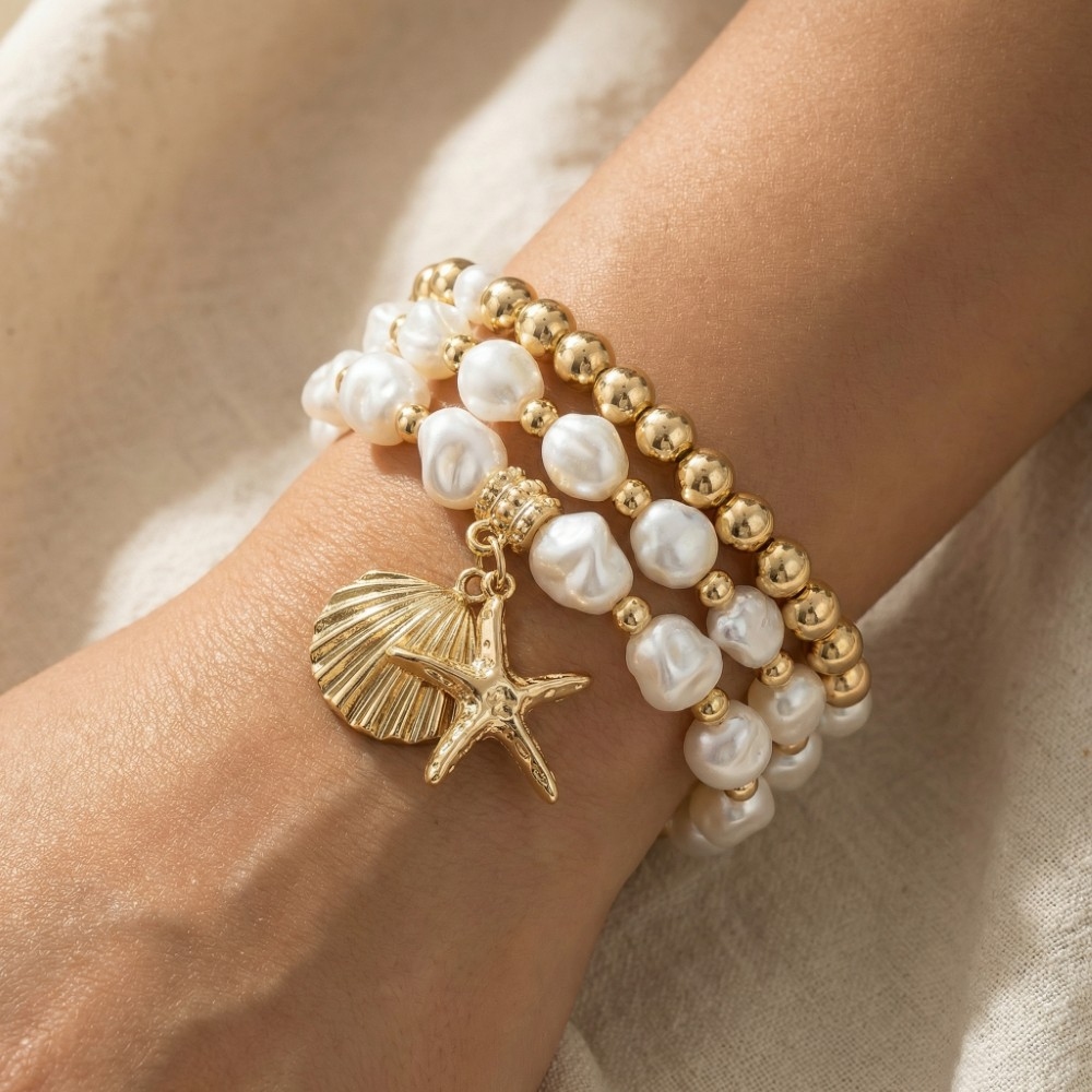 Star Fish And Sea Shell Charms Mixed Beaded Bracelet