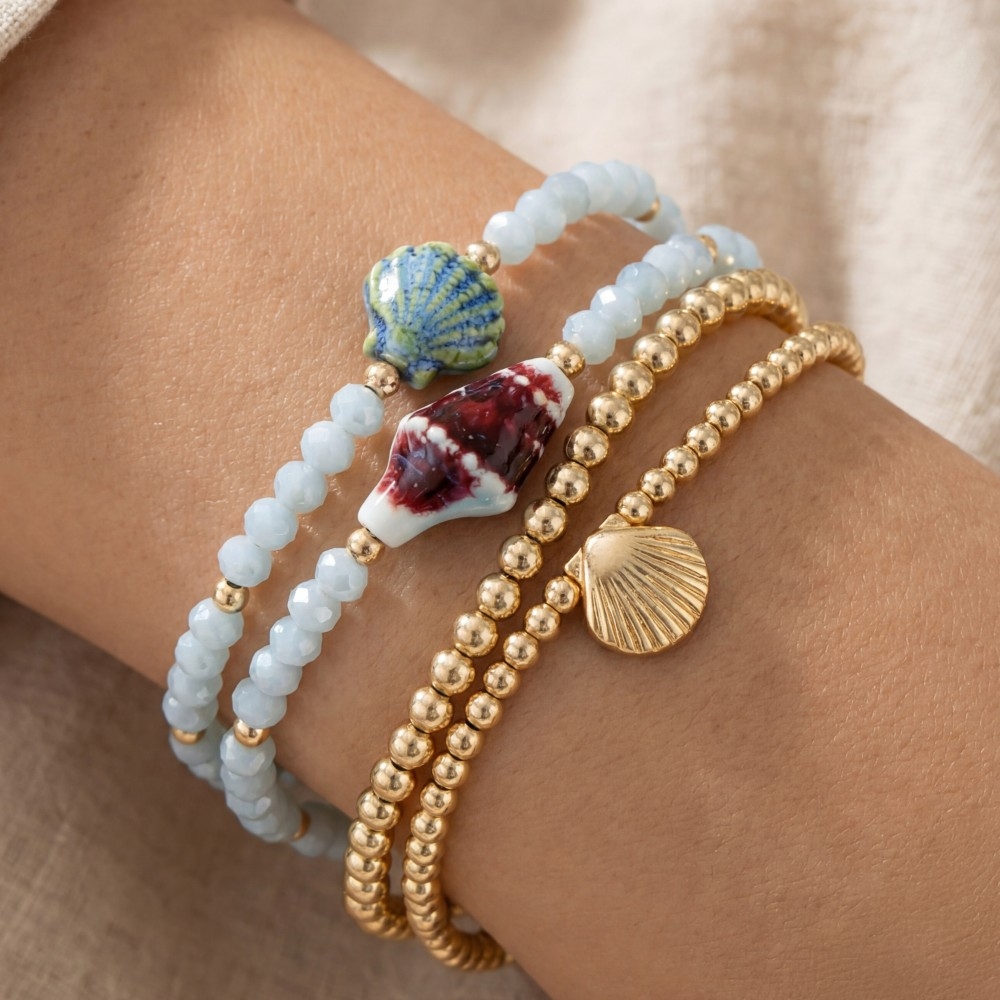 Shell Charms Faceted And Metallic Beaded Bracelet Set