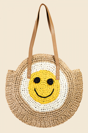 Straw Braided Round Happy Face Tote Bag