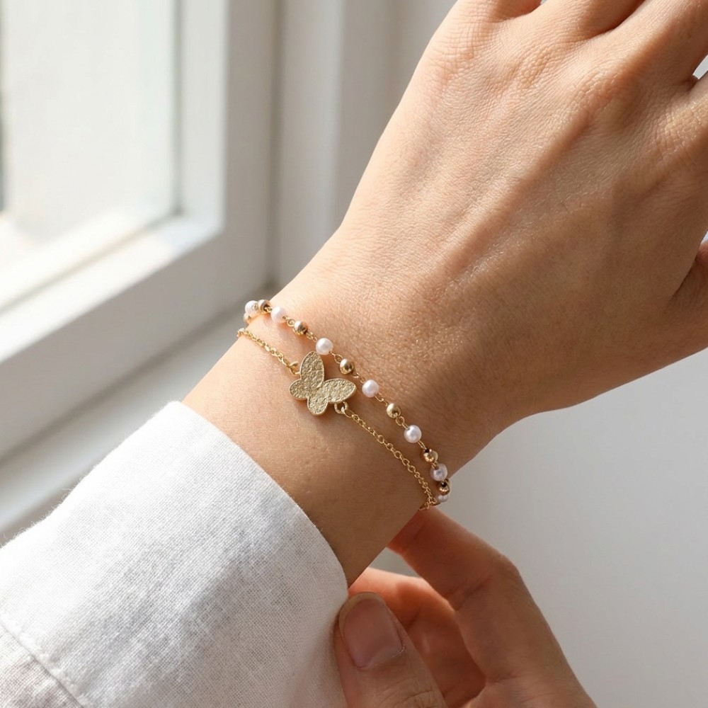 Butterfly Pendant Mixed Layered Chains Bracelet