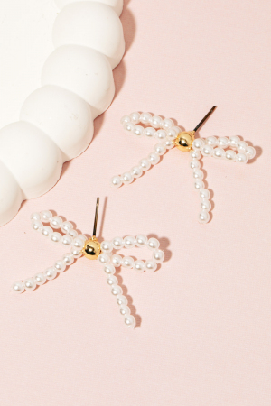 Pearl Beaded Ribbon Bow Stud Earrings