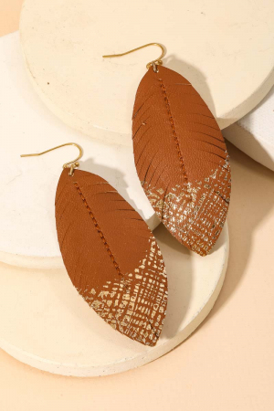 Leather Feather Design Drop Earrings