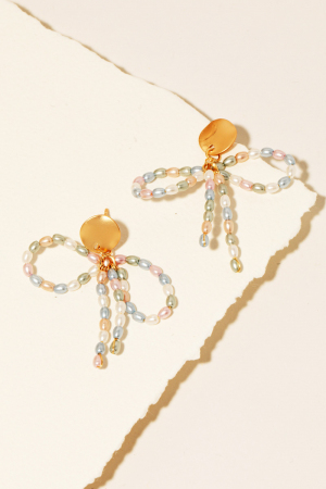 Mini Pearl Beaded Ribbon Bow Dangle Earrings