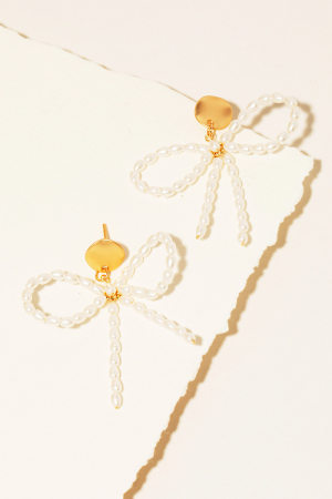 Mini Pearl Beaded Ribbon Bow Dangle Earrings