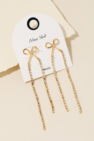 Ribbon Bow And Rhinestone Chain Dangle Earrings