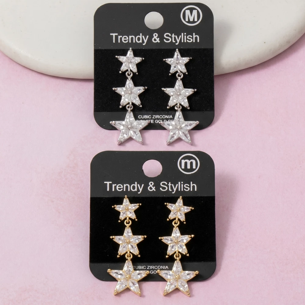 Triple Star Cz Drop Earrings