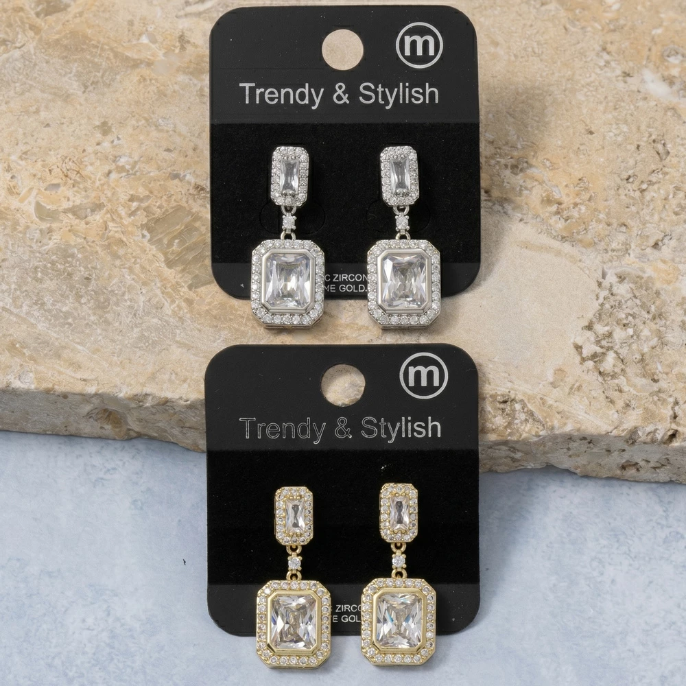 Emerald Cut Cz Halo Drop Earrings