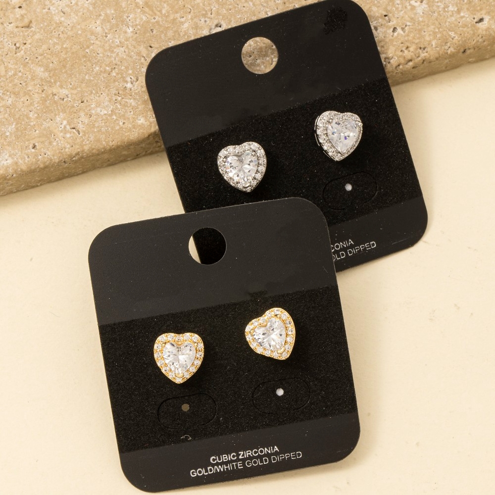 Gold Dipped Heart Halo Cz Stud Earrings