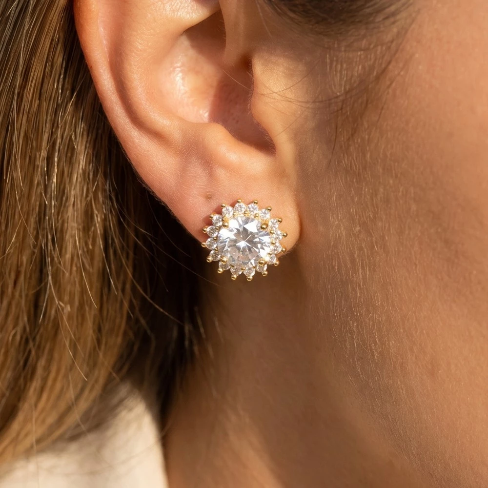 Gold Dipped Large Cz Sun Stud Earrings