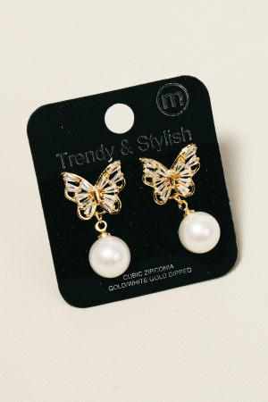 Cz Butterfly Stud Pearl Drop Earrings