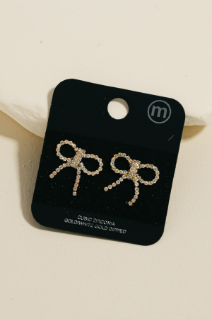 Gold Dipped Cz Pave Ribbon Bowtie Stud Earrings