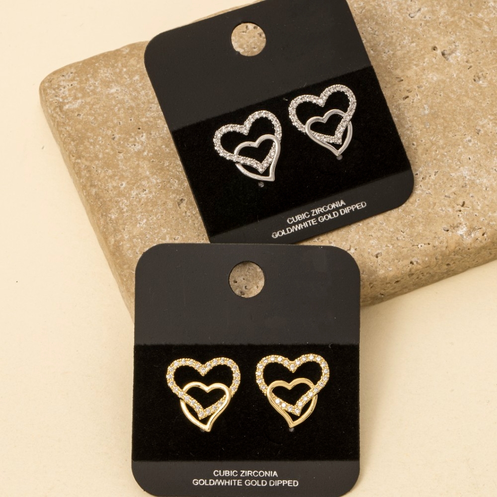 Gold Dipped Cz Pave Double Heart Stud Earrings