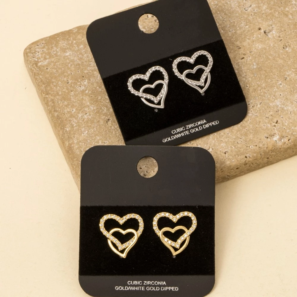 Gold Dipped Cz Pave Double Heart Stud Earrings