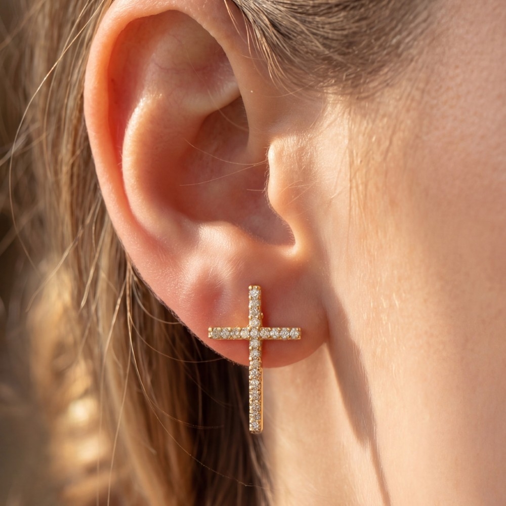 Pave Cz Cross Stud Earrings